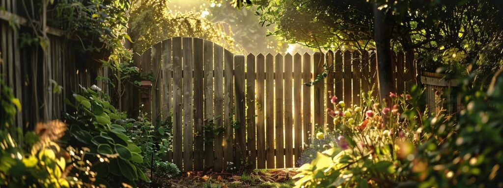 a weathered wooden fence encloses a quaint, sunlit garden, highlighted by a beautifully arched gate partially ajar, inviting curiosity and exploration.